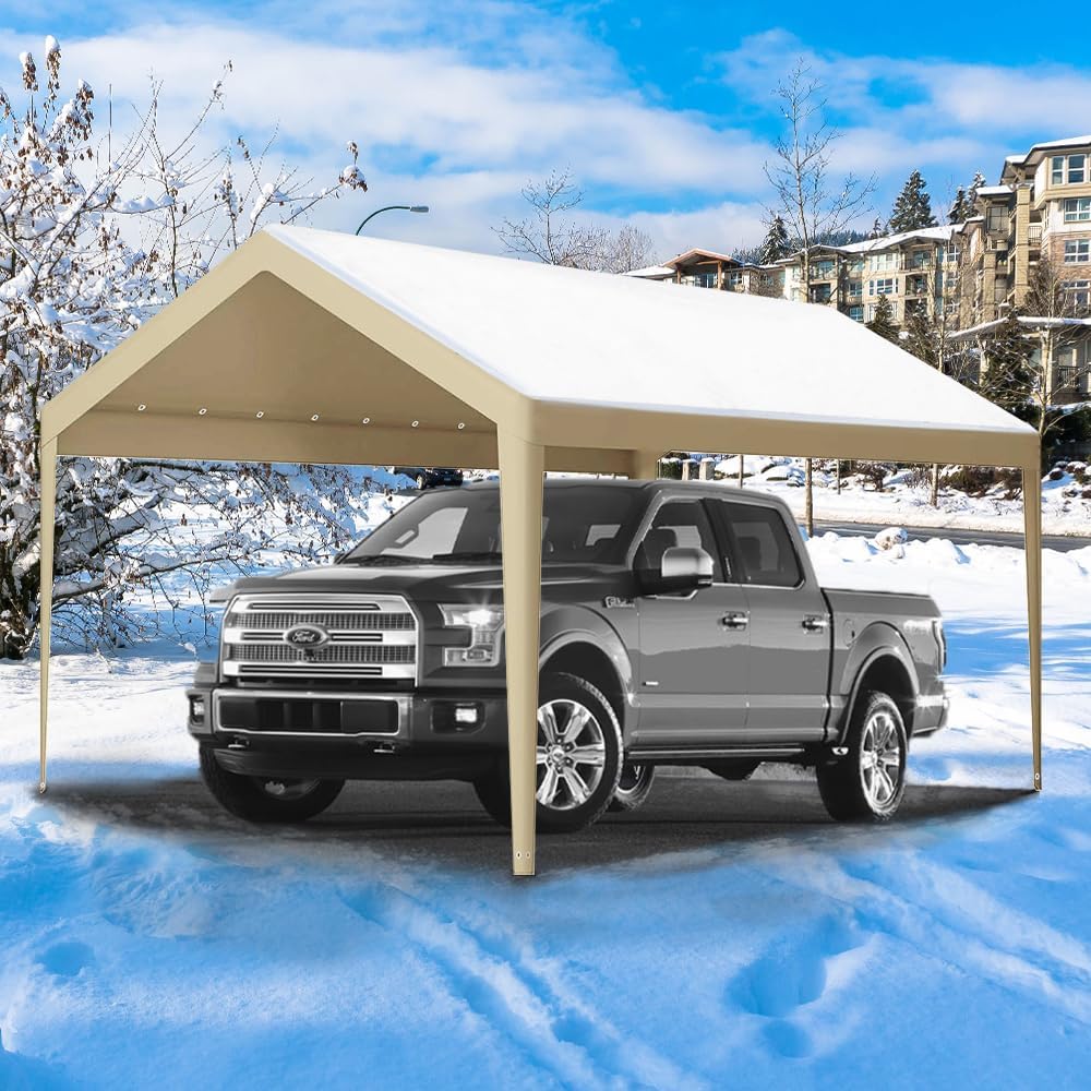 Rutile 12 x 20 FT Carport Replacement Cover, Heavy Duty Car Tarp Canopy Tent Garage Top Shelter Cover with Fabric Leg Pole Skirts and Ball Bungees Beige (Only Top Cover, Frame is not Included)