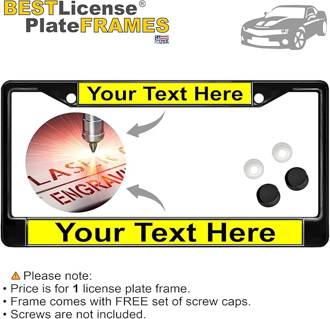 Custom Personalized Black Powder-Coated Metal Laser Engraved Standard Size - Car/Automobile License Plate Frame with Free caps - Yellow/Black Text (Qty: 1 Frame)