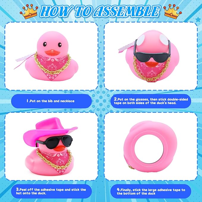 BOZILY Pink Cowboy Rubber Duck with Sunglasses, Gold Chain & Scarf - Funny Car Dashboard Decorations, Cute Duck Stress Relief for Car, Home, Office