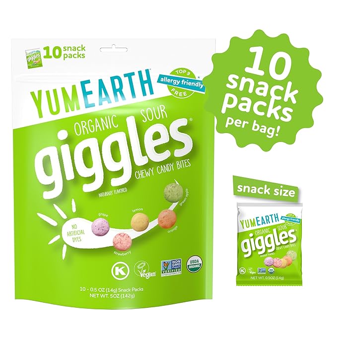 YumEarth Organic Sour Giggles Chewy Candy – Allergy Friendly, No Artificial Dyes, Non GMO, Gluten Free, Sour Fruit Flavored, Vegan Candy Snacks with No Artificial Flavors, 0.5 oz (Pack of 120)