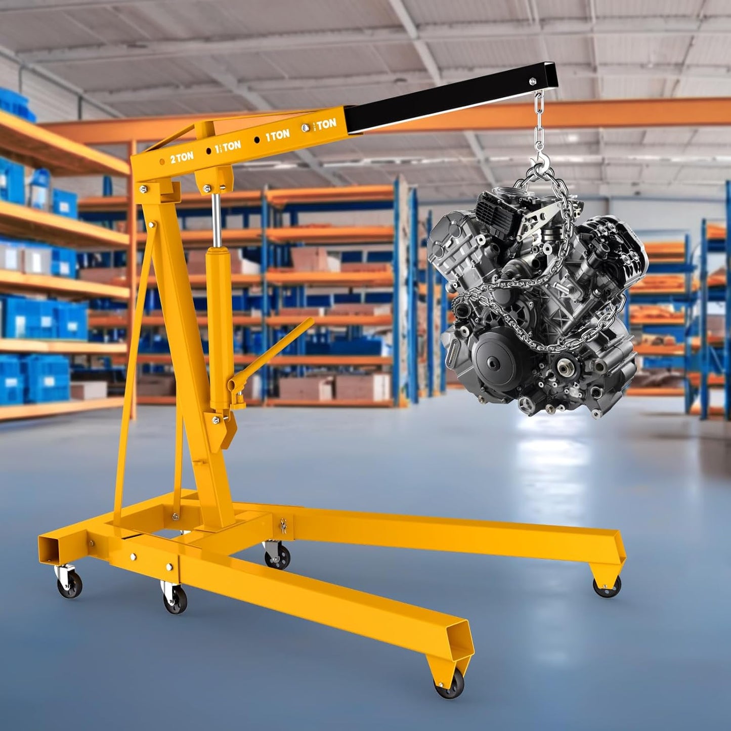 3 Ton Engine Hoist, Folding Hydraulic Cherry Picker Engine Lift, 6500LBS Alloy Steel Engine Crane with Lever, 6 Swivel Wheels and Engine Leveler, Garage Auto Repair Tools (2Ton Yellow)