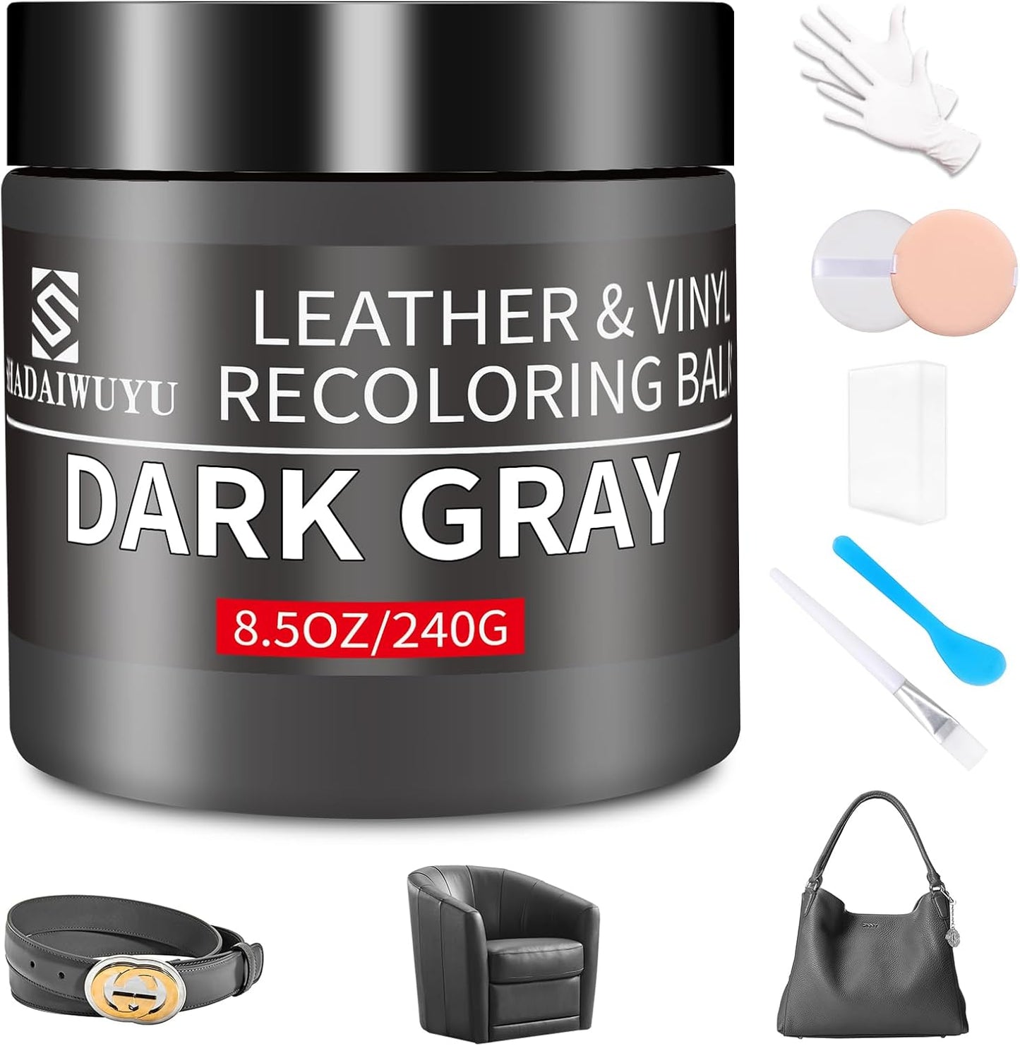 Leather Recoloring Balm,8.5oz Leather Color Restorer,Dark Gray Leather Repair kit for Furniture and Car Interior,Leather Couch Scratch Repair,Leather Dye Paint for Faded,Cracked and Damaged Leather