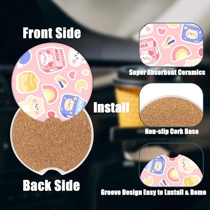 Car Cup Holder Coaster - Milk Strawberry Rabbit Absorbent Ceramic Coaster 2 Pack, Car Coasters for Cup Holders, Fashion Car Interior Accessories Drink Coaster for Women & Men