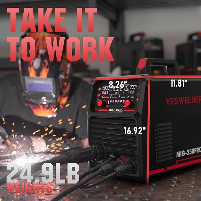 YESWELDER MIG-250PRO Aluminum MIG Welder, 250A 110V/220V Advanced Digital Display, MIG/Pulsed MIG/Flux Core/Spool Gun MIG/Lift TIG/Stick 6-In-1 Multiprocess Welding Machine, Spool Gun Compatible