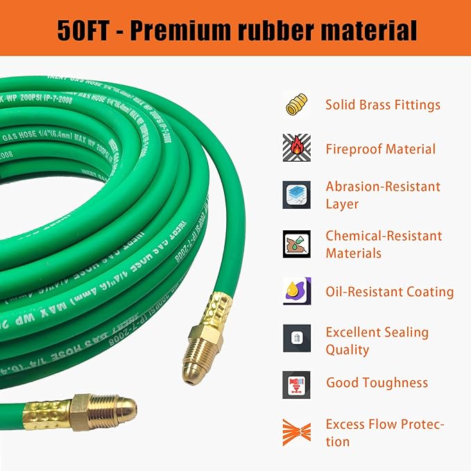 50FT Argon Gas Hose, Inert Gas Welding Hoses for MIG/TIG Welding Regulator，Argon/CO2 Flowmeter Regulator Hose, 5/8" UNF-18RH, NPT Fittings, Welding Accessories for MIG/TIG Welder