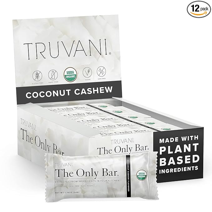 Truvani Plant Based Snack Bars | Coconut Cashew 12 Pack | 5g Protein | USDA Organic and Vegan | The Only Bar | Dairy, Soy, and Gluten Free | Individually Wrapped