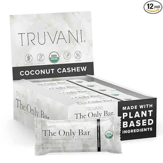 Truvani Plant Based Snack Bars | Coconut Cashew 12 Pack | 5g Protein | USDA Organic and Vegan | The Only Bar | Dairy, Soy, and Gluten Free | Individually Wrapped