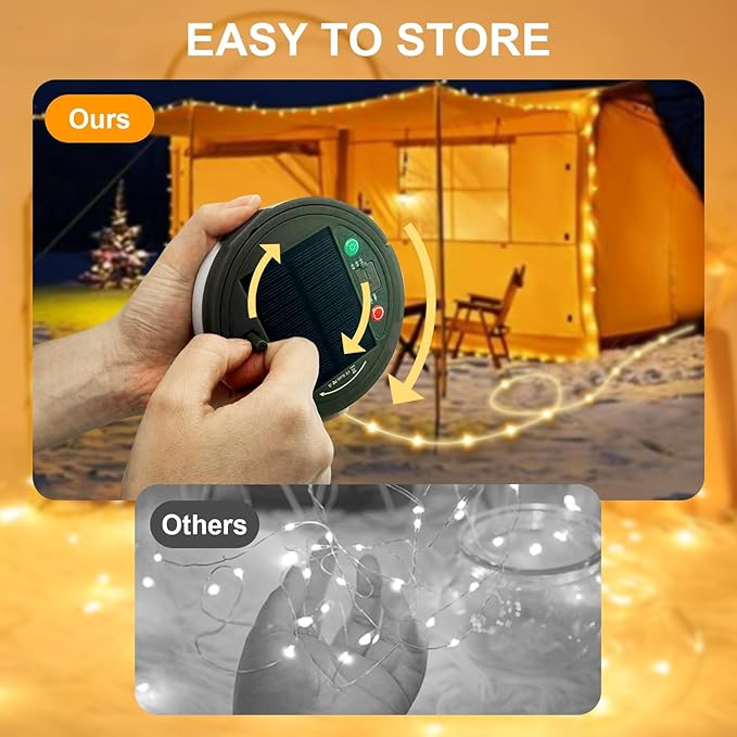 Solar Camping String Lights, Retractable Waterproof 33FT LED Camp Light with 13 Light Modes, Rechargeable 3000mAh Battery Powered Fairy Lights with Remote for Outdoor, Tent, RV, Patio, Awning, Party