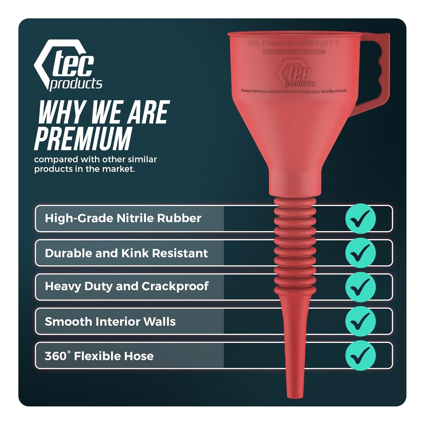 FlexAll Long Flexible Funnel for Automotive Use - Durable Nitrile Rubber - Ideal for Car Oil Change, Transmission Funnel Fluid, Diesel, Fuel, Gas - Made in USA - Red (12 x 4 Inches)