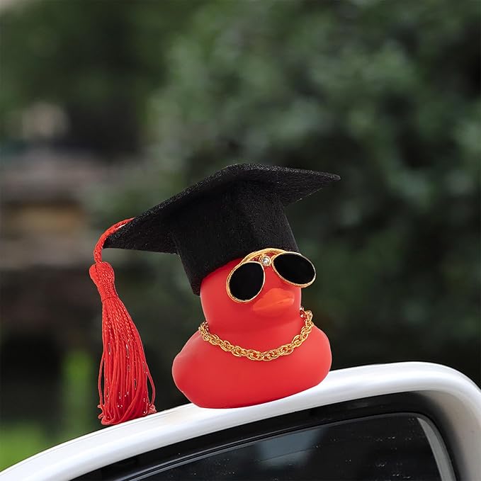 wonuu Car Dashboard Decor Graduation Hat Color Rubber Duck, Car Ducks Ornaments with Mini Graduation Hat Necklace Sunglasses (Red)