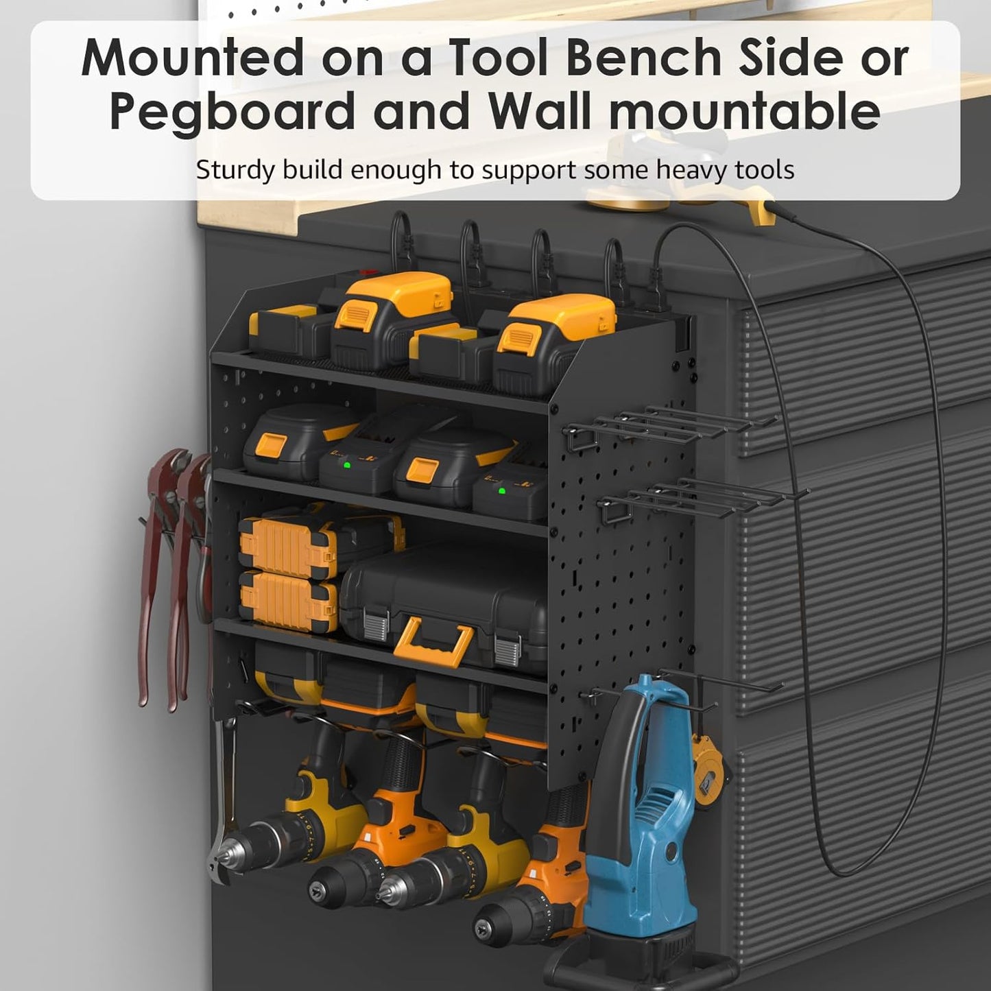 CCCEI Modular Power Tool Organizer with Charging Station. 4 Layer Wall Mount Drills Holder, Tool Battery Charger Organizer. Garage Shop Storage Utility Shelf with 6FT Power Strip, Gift for Men.