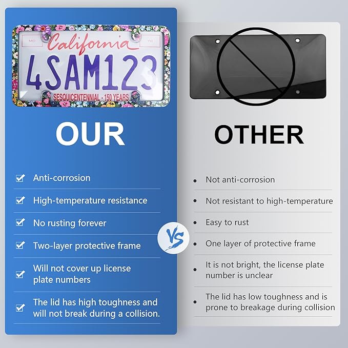 2pcs License Plate Protector Unbreakable License Plate Frames and Covers Set Front and Rear Clear License Plate Cover Beautiful Flowers License Plate Frames Fits Standard Us Plates with Screws Caps