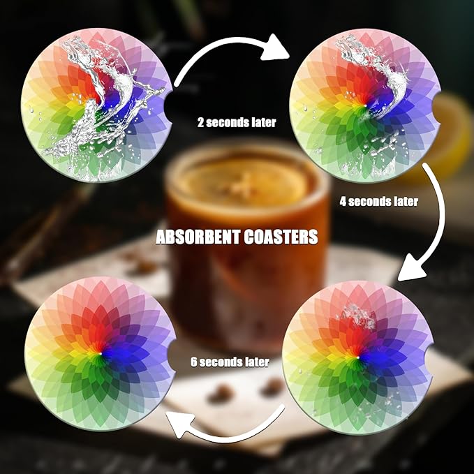 Car Cup Holder Coaster - Rainbow Flower Absorbent Ceramic Coaster 2 Pack, Car Coasters for Cup Holders, Fashion Car Interior Accessories Drink Coaster for Women & Men