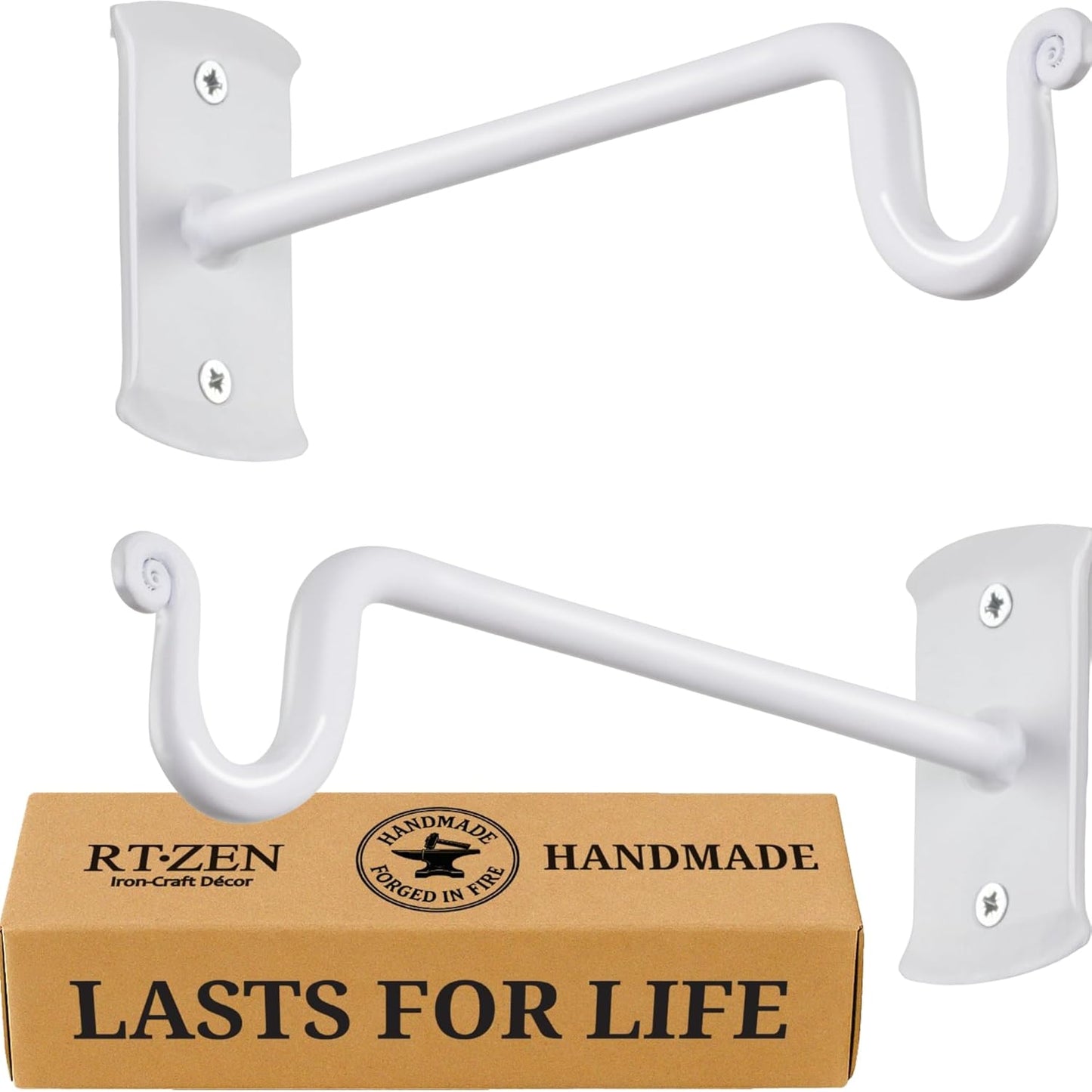 RTZEN Plant Hangers Outdoor or Indoor - Wrought Iron Metal Hanger Indoor Hook - Heavy Duty Wall Bracket Hooks for Hanging Plants Baskets Lanterns Wind Chimes - 2 Pack (White Shepherds Hooks)