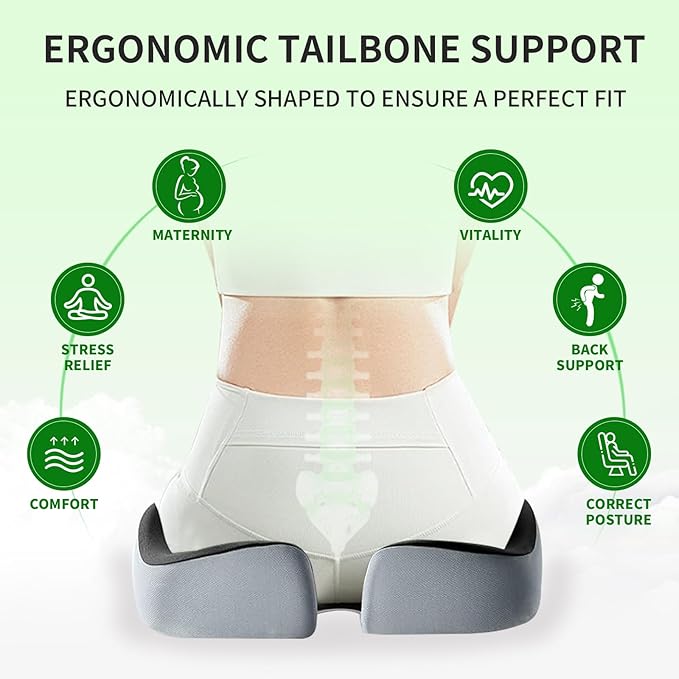 Memory Foam Seat Cushion for Office Chair Car Seat Cushion Lab Ergonomic Chair Cushion Desk Chair Cushion for Sciatica Tailbone Hip Support Non‑Slip for Office Chairs Desk Accessories (Grey)
