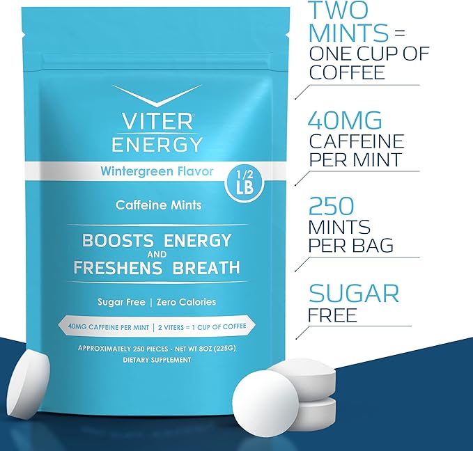 Viter Energy 40mg Caffeine Mints - Sugar Free, B Vitamins, Vegan, Boosts Fast Energized Alert Focus, Caffeinated Nootropic Supplement Pills (Wintergreen Flavor, 8oz, Bulk Bag)