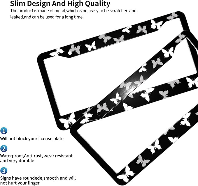 Black White Butterfly License Plate Frame - 1 Pack Aluminum Metal License Plates Butterflies License Plate Holder Novelty Auto Car Tag Universal Car Accessories with 2 Holes