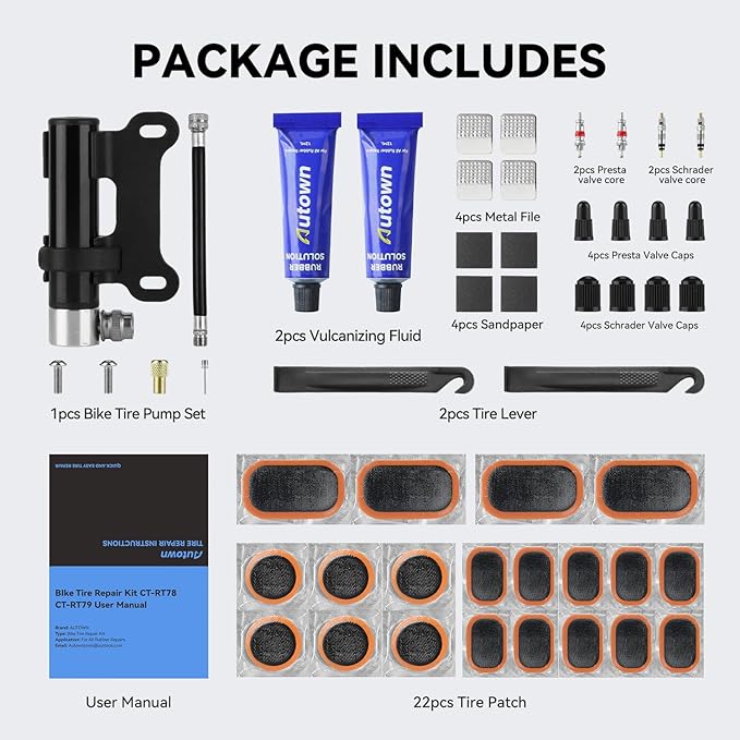 AUTOWN Bike Tire Repair Kit, 48PCS Bicycle Tire Patch Kit with Pump, Inner Tube Patch Kit with Patches, Tire Levers, Rubber Repair Sealants & Waterproof Bag for Bikes, Motorcycles & Inflatable Tubes