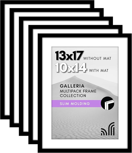 Americanflat 13x17 Picture Frame with Polished Plexiglass - Set of 5 - Use as 10x14 Frame with Mat or Display 13x17 Photo Without Mat - Galleria Collection - Picture Frames for Wall Display - Black