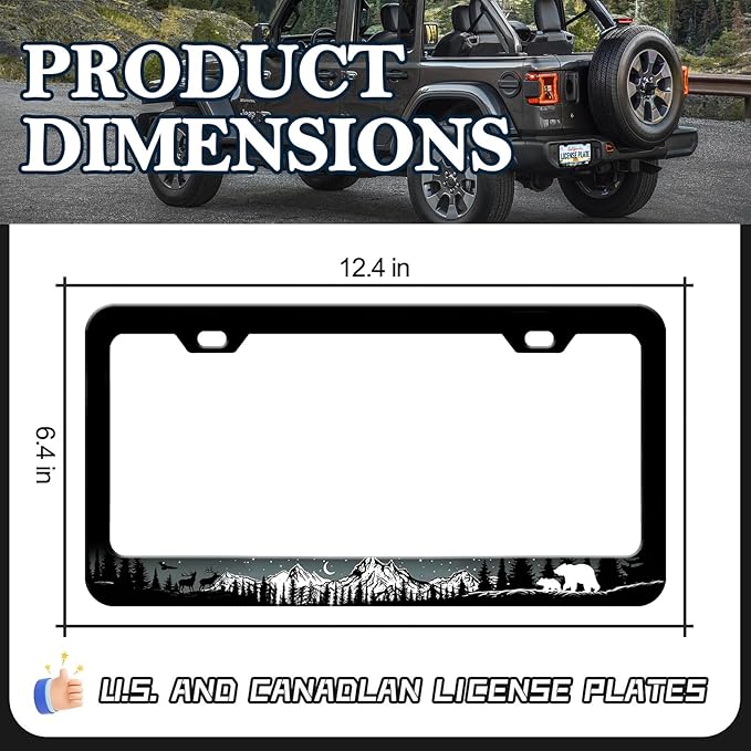 Mountains Bear Moose Eagle License Plate Frame - 2 PCS Night Forest Trees Wild Animal Aluminum Metal License Plate Frames Holder Covers, Car Decorative Tag Frames for Standard US 12x6 Inch