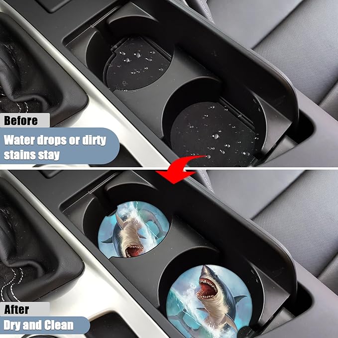 Car Cup Holder Coaster - Great White Shark Absorbent Ceramic Coaster 2 Pack, Car Coasters for Cup Holders, Fashion Car Interior Accessories Drink Coaster for Women & Men