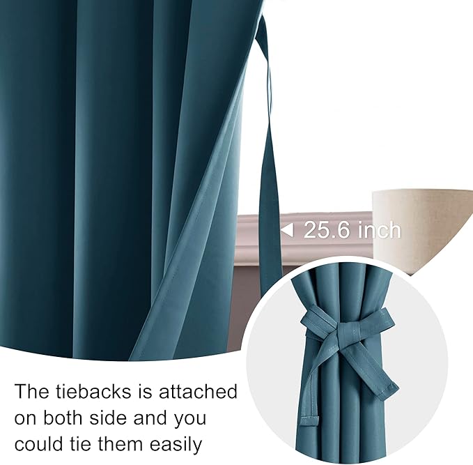 JIUZHEN Blackout Curtains for Bedroom - Thermal Insulated Room Darkening Rod Pocket Curtains for Living Room, Set of 2 Panels with Tiebacks, 70 x 96 Inch Length, Stone Blue