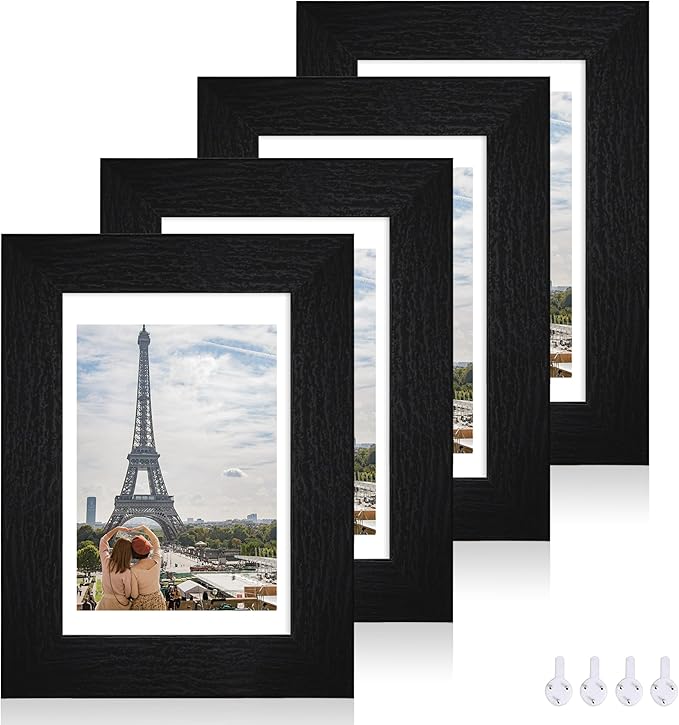 4x6 Picture Frame Set of 4, Made of Real Glass and Rustic Black Wooden Frame, 4 by 6 Photo for Wall or Tabletop - Display Picture 3.5x5 with Mat or 4x6 Without Mat