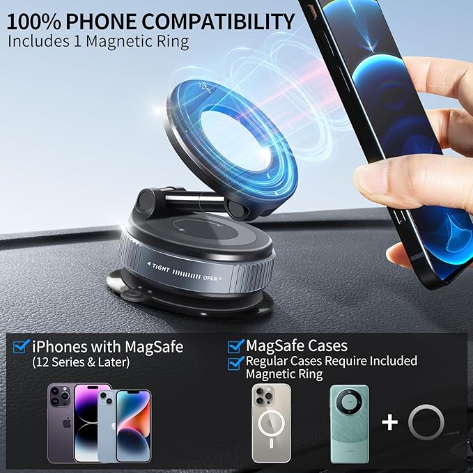 Vacuum Suction Magnetic Phone Holder, 2025 Upgraded Vacuum Suction Cup Mount for Magsafe, 360° Adjustable Foldable Portable Magnetic Car Phone Stand for Cars/Gyms/Mirrors/Smooth Surface (Black)