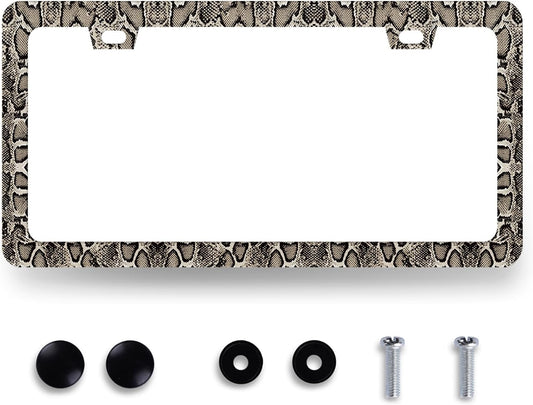 Snake Skin Print License Plate Frame Brown Animal Texture License Plate Holder Funny License Plate for Car Decoration Stainless Steel Snakes Car Accessory with Screws Men Women 12.3" x 6.3"