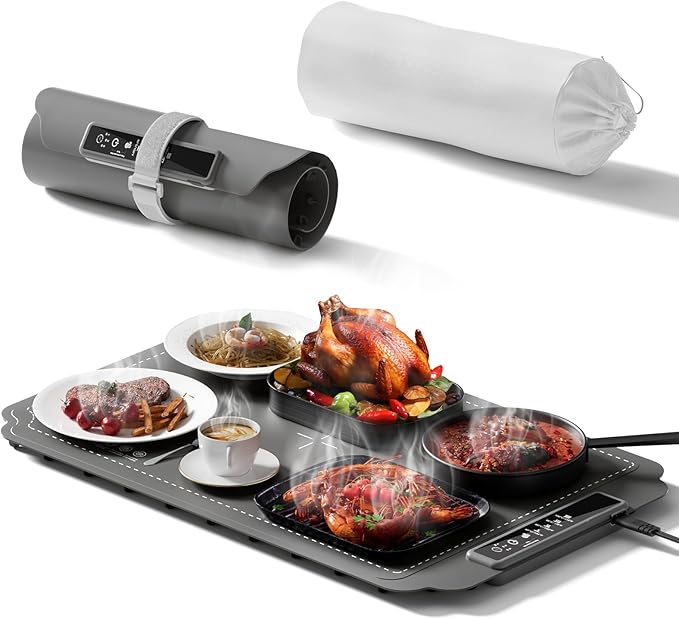 Warming Mat for Food, Electric Warming Tray, Fast Full Surface Graphene Electric Warming Tray, Extra Large Roll Up Silicone Food Warming Mat, Perfect for Gatherings, Parties &Everyday Use (Gray)