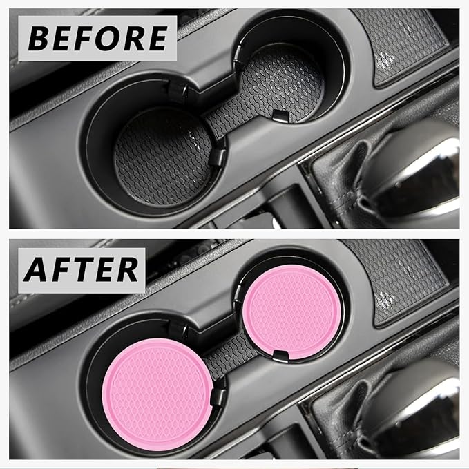 Car Cup Coaster, 4PCS Universal Auto Non-Slip Cup Holder Embedded in Ornaments Silicone Coaster, Car Interior Accessories Sets, Pink