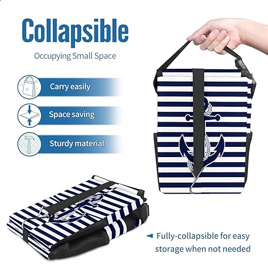 Car Trash Can Nautical Navy Blue Anchor Auto Garbage Bag Car Trash Can with Lid Leak-Proof Car Storage Bag Auto Garbage Bag Hanging for Headrest Collapsible and Portable with Storage Mesh Pocket