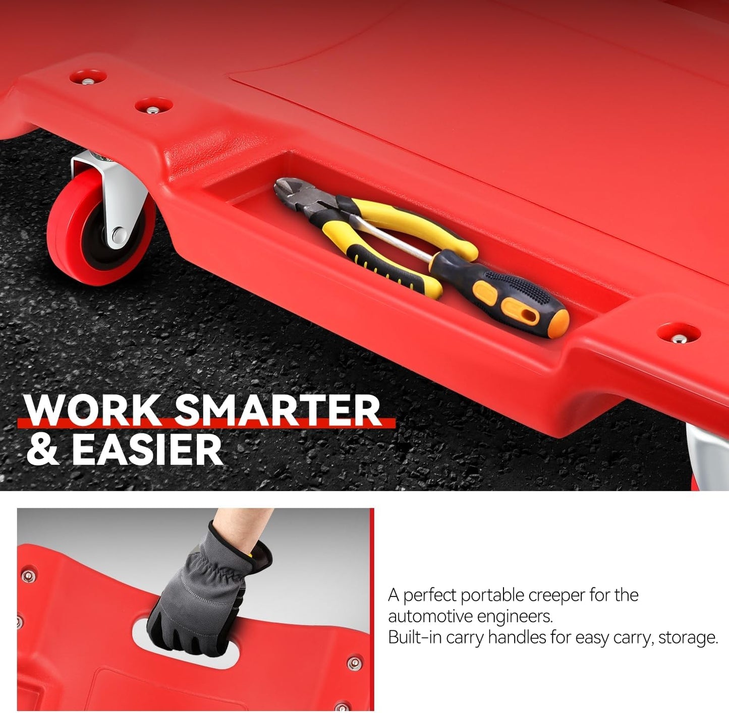 Auto Dynasty 36 Inches Mechanic Creeper, Automotive Garage Repair Low Profile Under Car Rolling Creeper with Padded Headrest, Plastic, Red