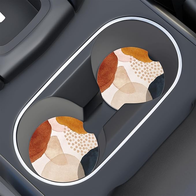 Car Cup Holder Coaster, Car Coasters for Cup Holders, 4 Pack Universal Anti Slip Insert Absorbent Ceramic Auto Interior Accessories with A Finger Notch & Cork Base, Simple Abstract Art