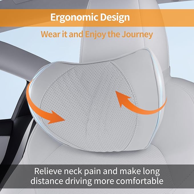 Car Neck Pillow Memory Foam Premium Leather Headrest Neck Support Cushion Universal for Driving Home Office, White,1PC