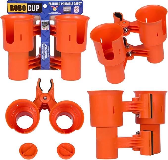 ROBOCUP, Patented Boat Cup Holder, Clamp on Portable Storage Caddy Securely Holds 2 Drinks, Fishing Poles, Tools, Marine Gear | Perfect for Boating, Beach Umbrellas, Golf Carts