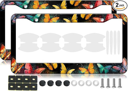2PCS Beautiful Butterfly Pattern License Plate Frames for Men Women - Universal Aluminum Stainless Steel Personalized Car Tag Covers Holder with Screws, Caps, Rattle Proof Pads and Handlebar Stickers