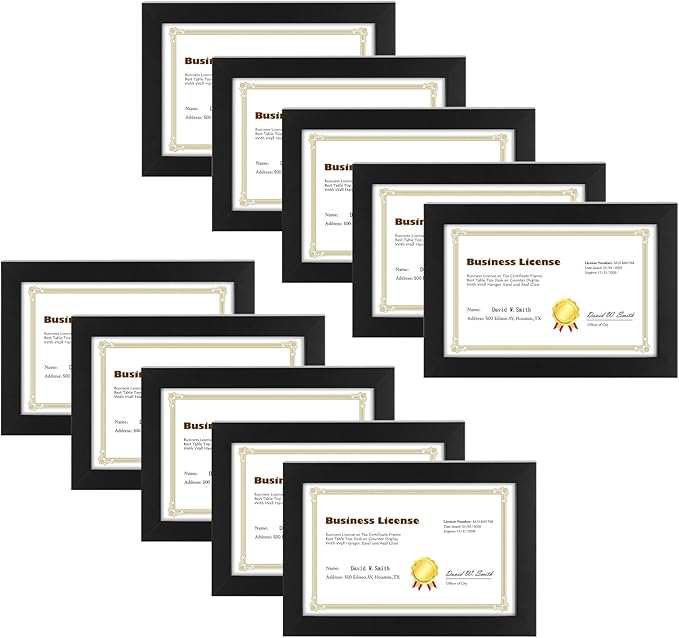 Golden State Art, 8.5 x 5.5 Business License Frame, Black Solid Wood with Tempered Glass, Wall and Table-top Display, Easel Back, 10 Pack
