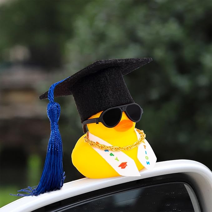 wonuu Graduation Stole Rubber Ducks, Dashboard Decorations Duck for Car Ornament Accessories with Hat Sunglasses Sash Chain (Dark Blue)