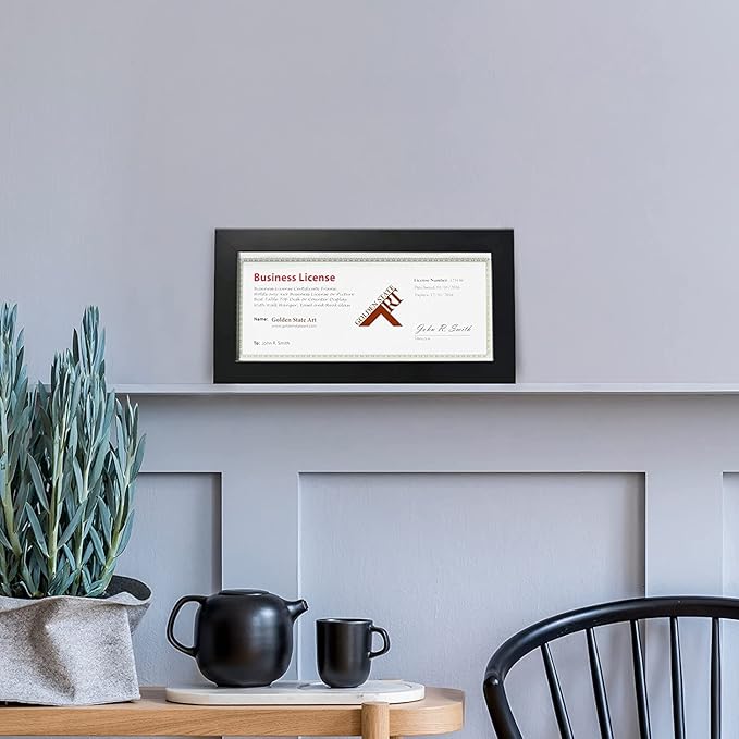 Golden State Art, Wood Frame for 4x9 Business License Certificate with Real Glass & Table-top Display, Black