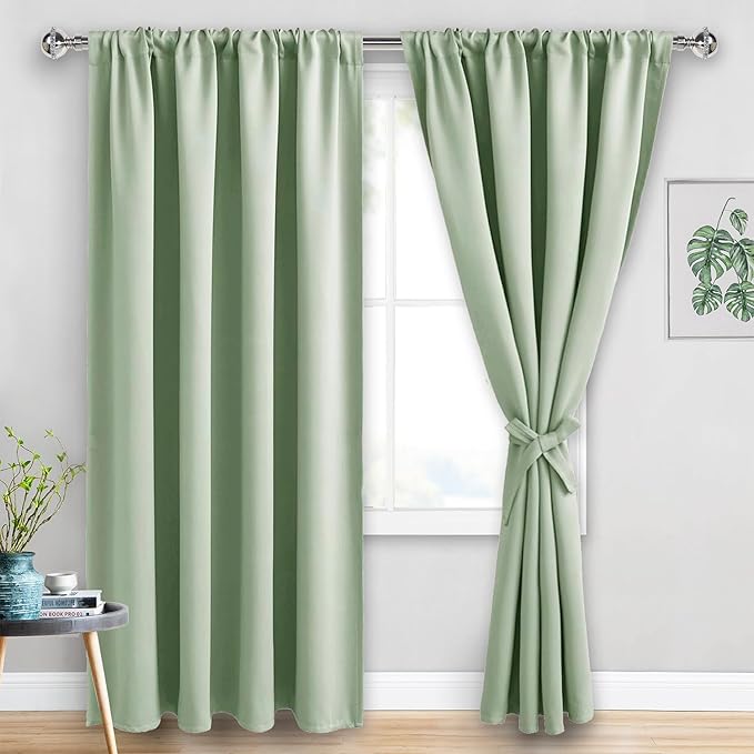 JIUZHEN Blackout Curtains for Bedroom - Thermal Insulated Room Darkening Rod Pocket Curtains for Living Room, Set of 2 Panels with Tiebacks, 70 x 96 Inch Length, Light Green