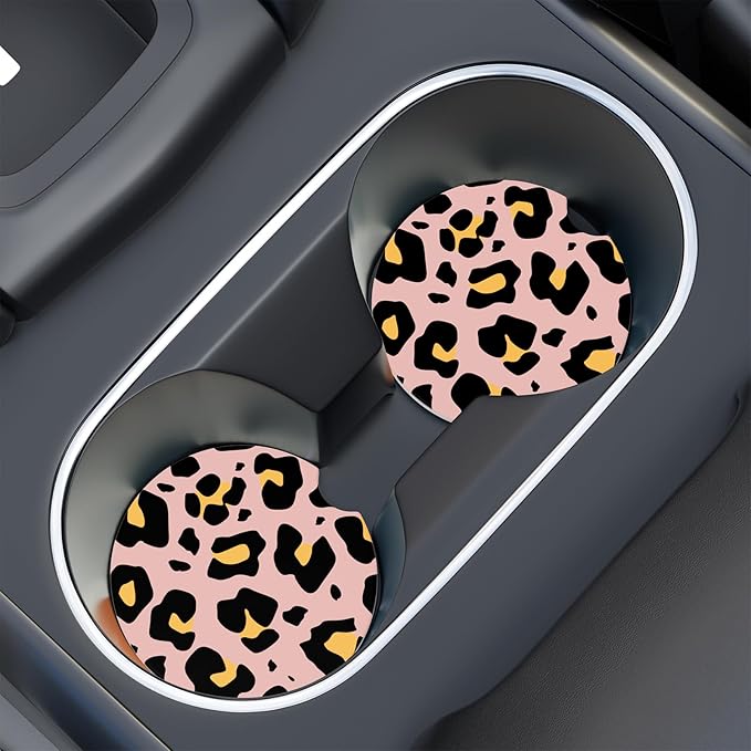 Car Cup Holder Coaster, Car Coasters for Cup Holders, 2 Pack Universal Anti Slip Insert Absorbent Ceramic Auto Interior Accessories with A Finger Notch & Cork Base, Pink Leopard Print