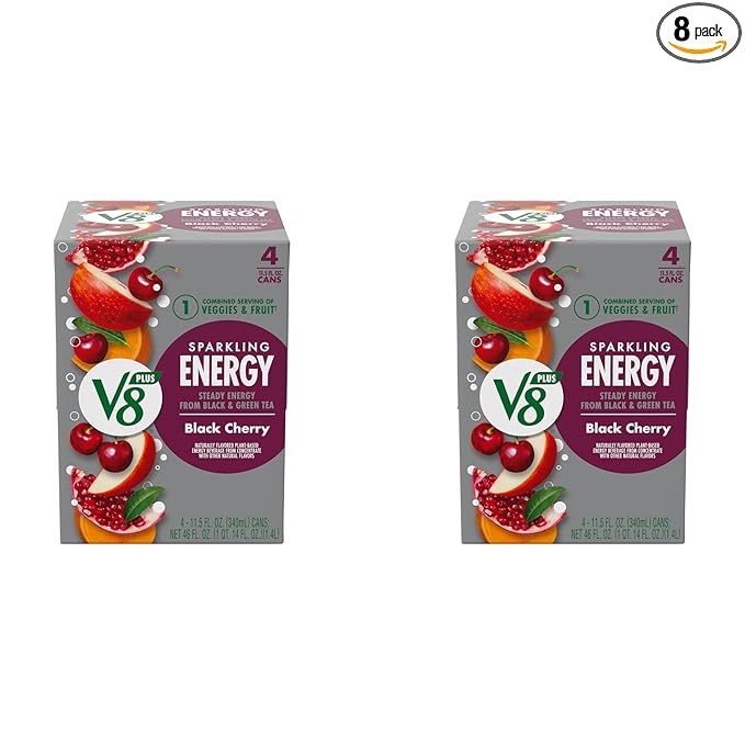V8 +Energy Sparkling Black Cherry Juice Energy Drink, 11.5 fl oz Can (Pack of 8)
