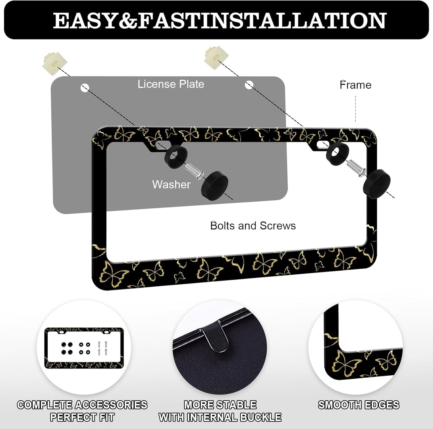 Golden Butterfly License Plate Frames - 2 Pack Beautiful Butterfly Stainless Steel License Plate Holder,Rust-Proof Waterproof Car Decorative Tag Frame with Screws Fasteners Caps