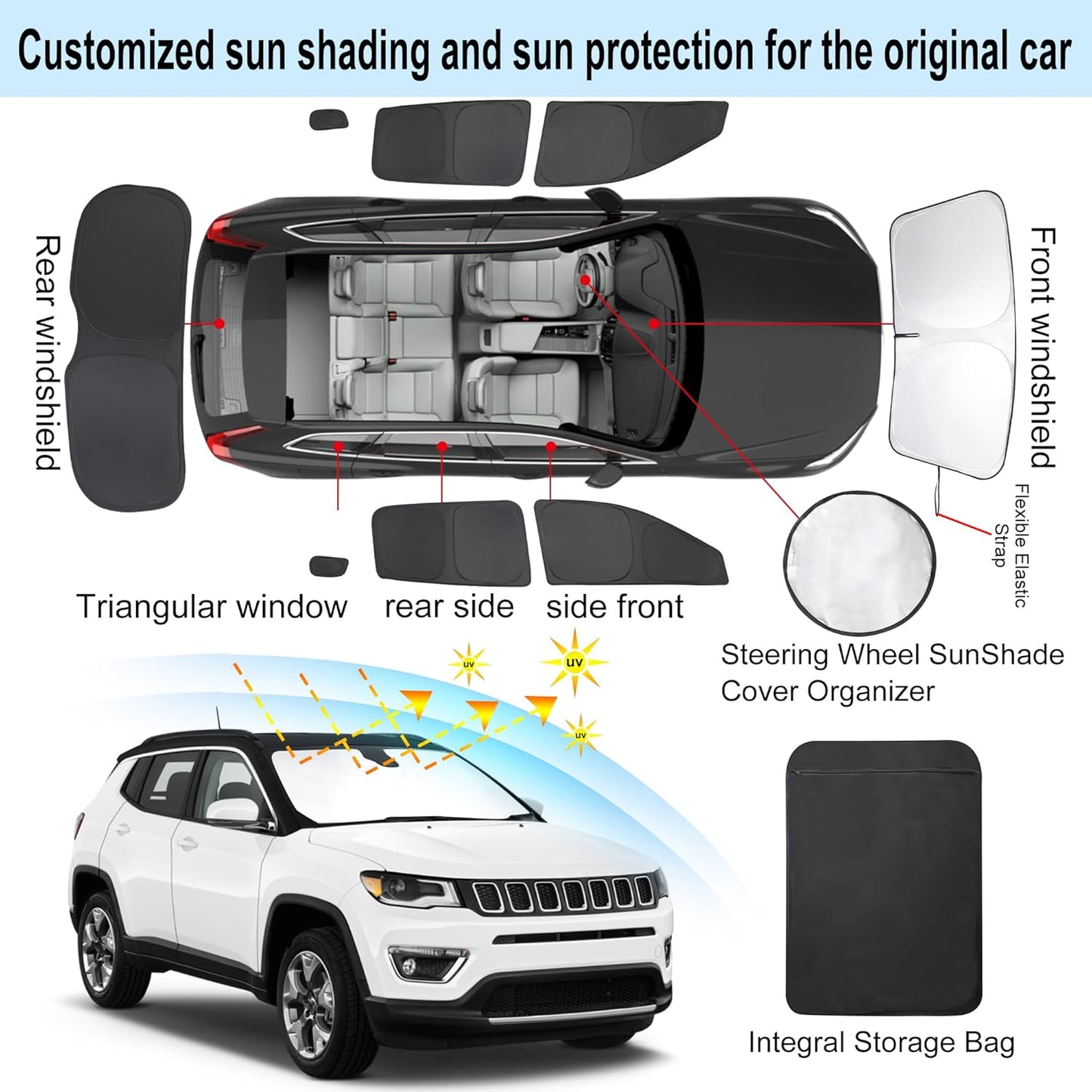 TINGLU Window Shades for Jeep Compass 2017-2024 Accessorie Car Side Full Windows Rear Triangular Windshield Sun Shade Sun UV Rays & Privacy Protection for Camping,Napping,and Relaxing 8PCS
