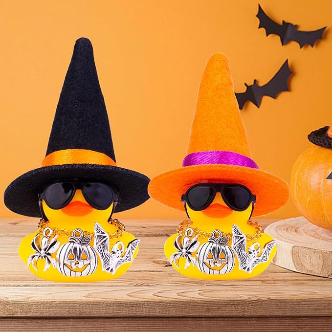 Rubber Duck Car Ornaments Yellow Duck Car Dashboard Decorations with Mini Witch Hat Sunglasses Necklace and Cute Accessories for Party Gifts(H5)