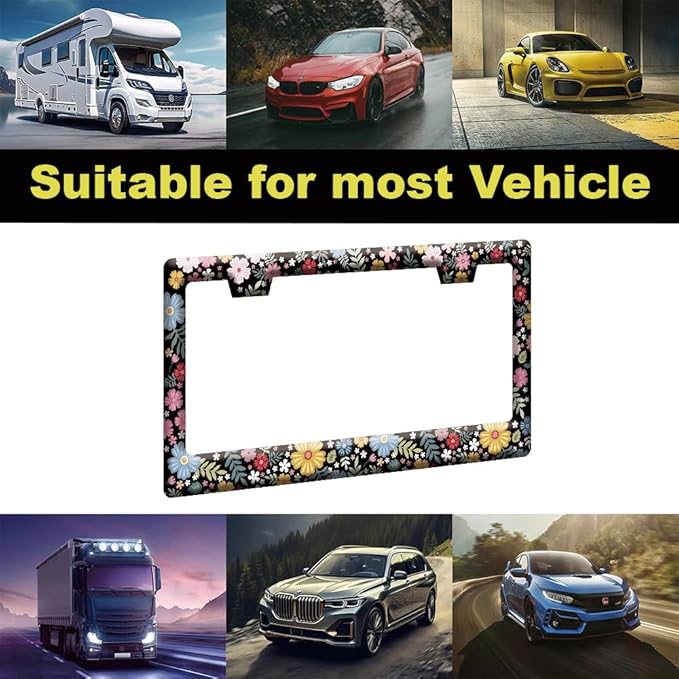 2pcs Hippie Flowers Floral License Plate Frame for Women,Yellow Black Plant Theme Floral car Decorative tag Frames Girly,Nature Flowers Floral License Plate Cover Holder for Vehicle with tag Keychain