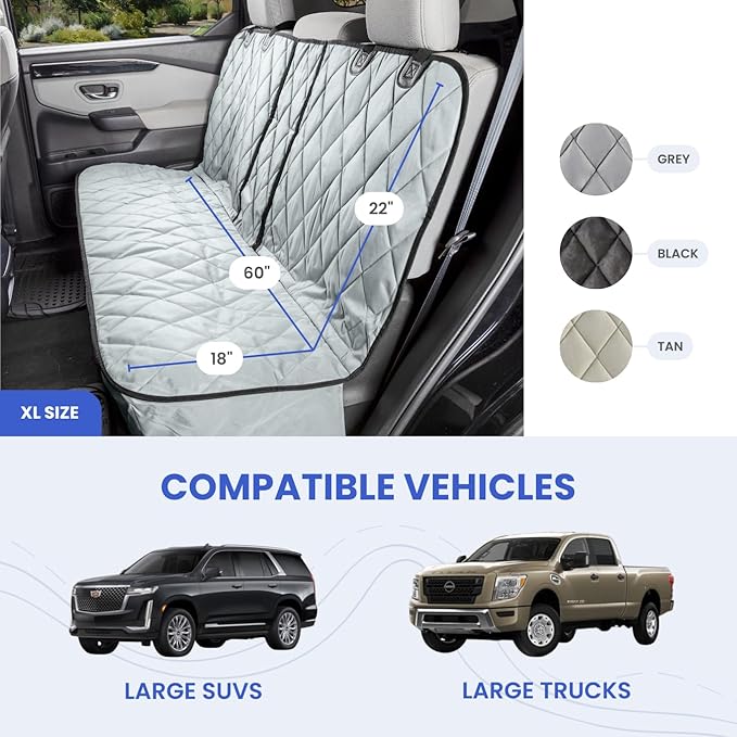 4Knines Dog Seat Cover for Back Seat, Heavy Duty Waterproof Rear Seat Protector for Large Trucks, SUVs, Cars - Fits 60/40 Split Bench with Middle Seat Belt, Non-Slip Backseat Cover (Extra Large, Tan)