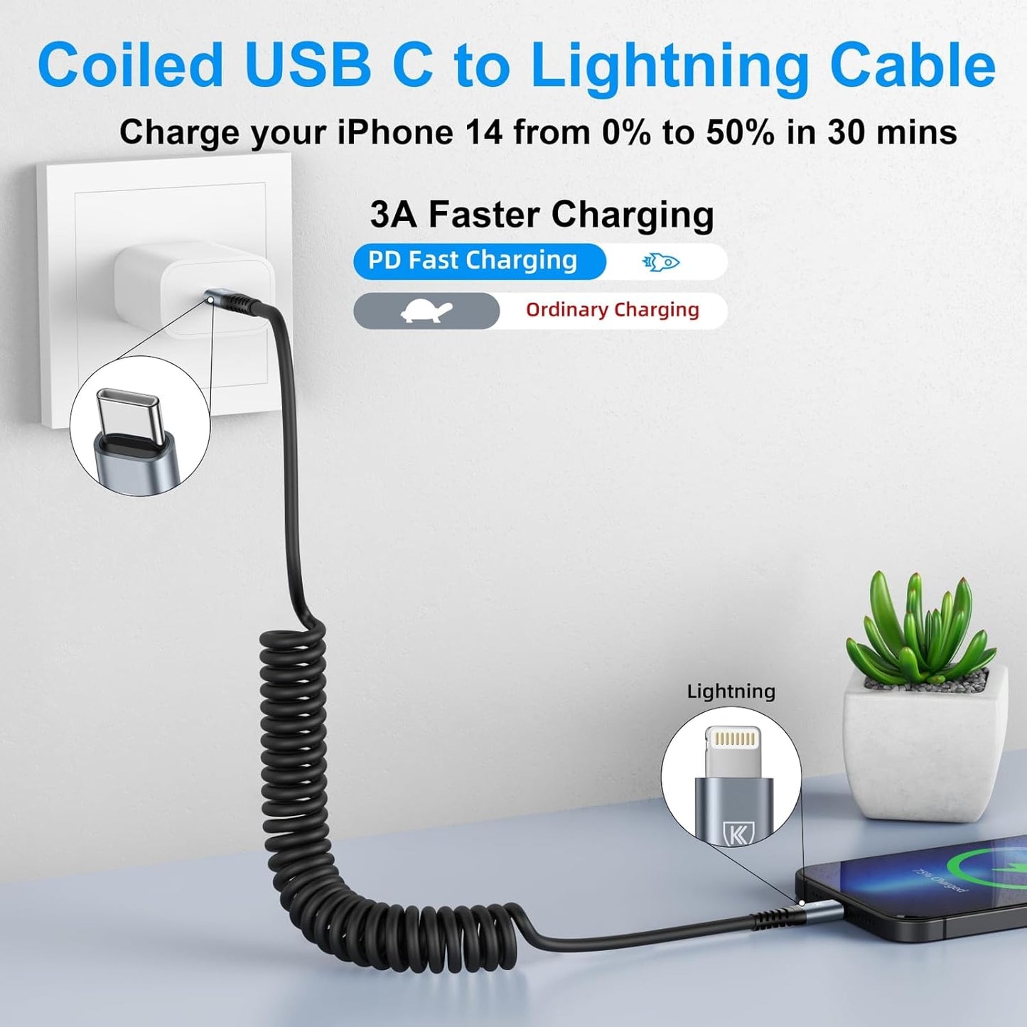 KIYODA USB Type C to Lightning Cable 3FT 2Pack, Coiled iPhone Charger Fast Charging for Car Short USBC Lightning iPhone Cord for iPhone14/13/12/11 Pro Max/iPad/CarPlay