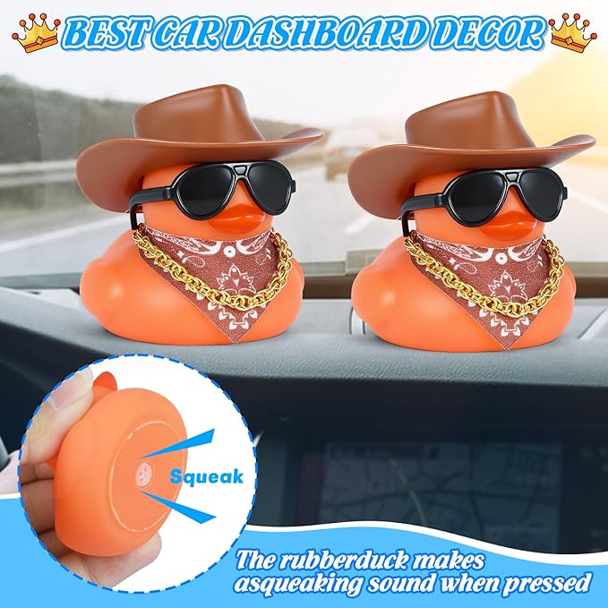 BOZILY Cowboy Rubber Duck Car Dashboard Decor - Brown Hat, Glasses, Necklace & Scarf, Squeaky Silicone Duck Ornament for Stress Relief, DIY Fun Car Accessory